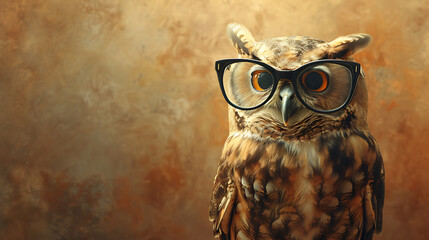 A wise old owl wearing glasses on a brown background.