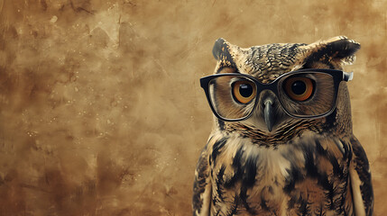 A wise old owl wearing glasses on a brown background. - obrazy, fototapety, plakaty