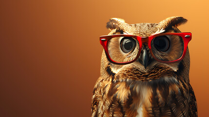 A knowledgeable owl with glasses, perched on a warm brown background. - obrazy, fototapety, plakaty