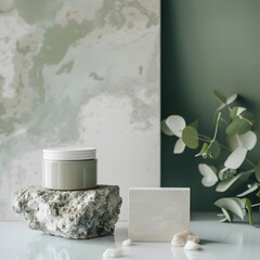 Luxury cream with marble and stones around, mockup with natural lighting, best for articles