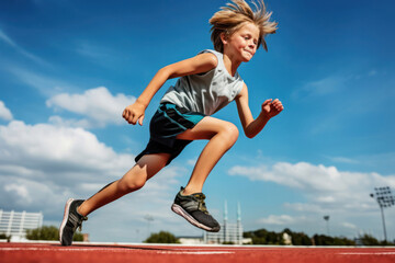 Young boy running on the running track at the stadium outdoors