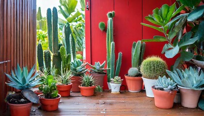 cactus in pots.a home garden interior adorned with a variety of beautiful plants, including cacti, succulents, and air plants, each in uniquely designed pots. Accentuate the scene with a vibrant red w