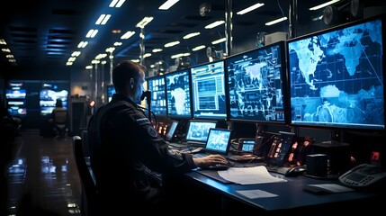 High-tech command center with large screens displaying real-time military data