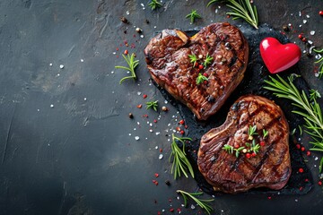 grilled beef steak for valentines day pragma in black background - obrazy, fototapety, plakaty