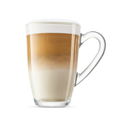 Latte coffee with frothed milk foam in transparent glass cup isolated. Transparent PNG image.