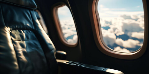 Airplane empty window seat in a business class . Sky view on white-blue clouds. Business trip concept. Generative AI