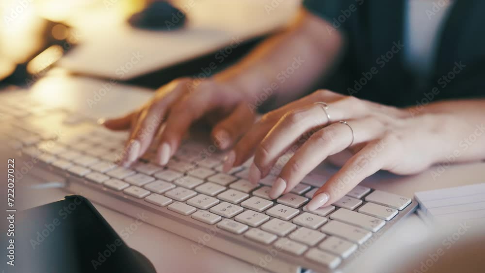 Poster hands, keyboard and typing an email or report at desk, website and online research for proposal. clo