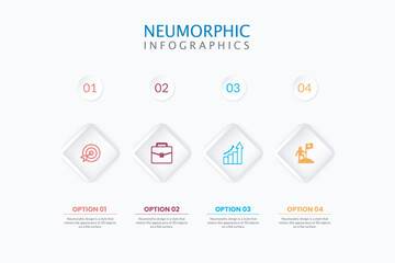 Five circles neumorphism infographic illustration with 4 steps.