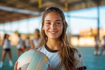 A young woman's infectious smile radiates as she confidently holds a volleyball, embodying the spirit of sport and determination