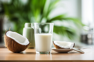 A glass of coconut milk on the table close-up next to the coconuts