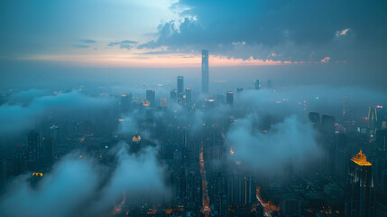 Shanghai city on sundown, in the style of mist.