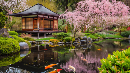 Fototapeta na wymiar A tranquil Japanese Zen garden adorned with vibrant cherry blossoms, featuring a charming tea house and a mesmerizing koi pond.
