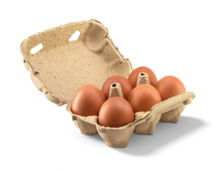 Open carton with six brown chicken eggs isolated. Transparent PNG image.