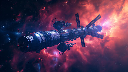 A space station hovers in the orbit of a captivating nebula, manned by intrepid astronauts and equipped with cutting-edge technology.