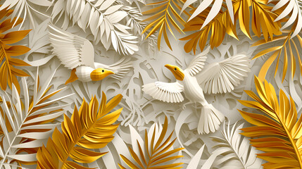Tropical birds in papercut stile, gold and white colors aesthetic