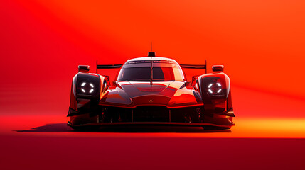 A speedy, streamlined race car with expressive eyes set against a vibrant racing red backdrop.