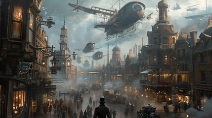 A bustling steampunk city with ornate Victorian buildings, where majestic airships traverse the sky and billows of steam rise from intricate machinery. - obrazy, fototapety, plakaty