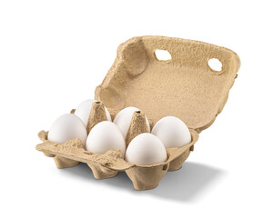 Open carton with six chicken eggs isolated. Transparent PNG image.