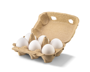 Open carton with six chicken eggs isolated. Transparent PNG image.