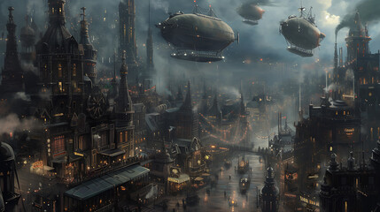 A bustling steampunk city with ornate Victorian buildings, where majestic airships traverse the sky and billows of steam rise from intricate machinery.
