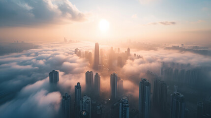 An aerial view of city over the clouds. - obrazy, fototapety, plakaty