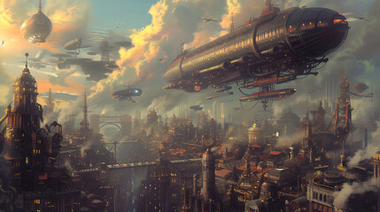 A grand steampunk city rises with elaborate Victorian architecture, where airships gracefully glide amidst skies filled with steam.