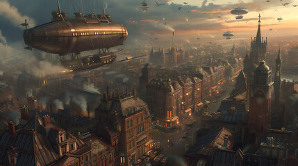 A grand steampunk city rises with elaborate Victorian architecture, where airships gracefully glide amidst skies filled with steam. - obrazy, fototapety, plakaty