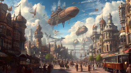Immerse in a whimsical steampunk city boasting captivating Victorian architecture, where majestic airships grace the sky while the enchanting sound of steam fills the streets. - obrazy, fototapety, plakaty