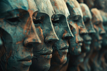 Dissociative personality disorder concept, multiple personalities, a row of face sculptures 