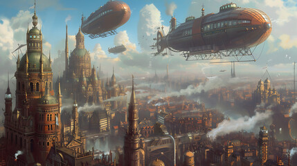 Enter a marvelously whimsical city adorned with enchanting Victorian architecture, where magnificent airships glide through the sky, propelled by the power of steam. - obrazy, fototapety, plakaty
