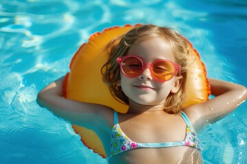 Naklejka premium A young woman basks in the warm summer sun, her face framed by yellow sunglasses as she floats serenely in a pool, enjoying a fun and carefree vacation day