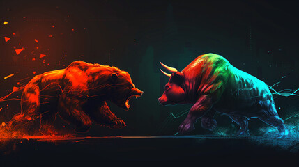 Furious huge bear and angry horned bull preparing for fight on the black background. Bull and bear stock market concept image. World of finances, business, stock exchanges and money. - obrazy, fototapety, plakaty
