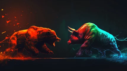 Fotobehang Furious huge bear and angry horned bull preparing for fight on the black background. Bull and bear stock market concept image. World of finances, business, stock exchanges and money. © Train arrival