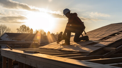 Roof worker or carpenter building a wood structure house construction. - obrazy, fototapety, plakaty