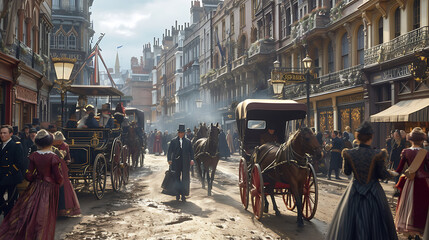A bustling Victorian-era London street illuminated by glowing gas lamps, filled with elegant horse-drawn carriages and the sounds of bustling activity. - obrazy, fototapety, plakaty