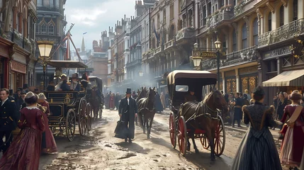 Fotobehang A bustling Victorian-era London street illuminated by glowing gas lamps, filled with elegant horse-drawn carriages and the sounds of bustling activity. © stocker