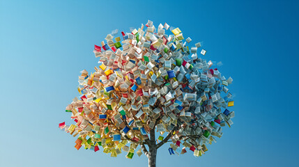 A flourishing tree, with its branches and leaves made from pages and covers of colorful books, representing intellectual growth and learning. The tree is set against a clear blue sky background