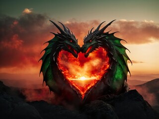 green dragon breathe fire in shape of heart, one head, flame in shape of heart, ai generated