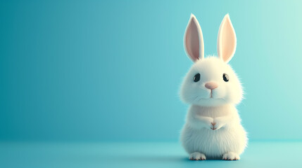 A lively and charming 3D bunny, brimming with personality, placed in front of a serene sky blue background.