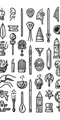 MonoChromatic Thick Line Doodle of Guide needle, ancient, small objects, Black and White Tones сreated with Generative Ai