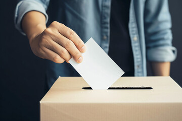 Voting at an election, a person puts a ballot into the ballot box
