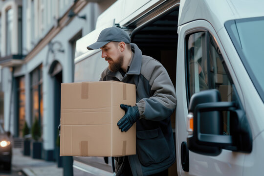 Courier taking cardboard boxes out of delivery van