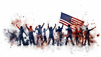 Illustration AI horizontal people celebrating labor day. USA flag. White background. Social problems - obrazy, fototapety, plakaty