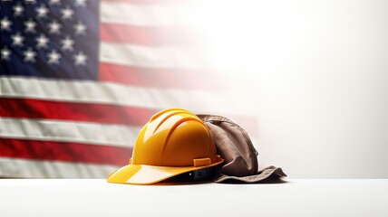 Illustration AI horizontal work helmet, cloth cap with US flag behind. Workers day Social problem