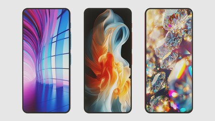 Set of Modern Smartphone Designs with Stylish Wallpapers, Trendy Phone Cases and Screens
