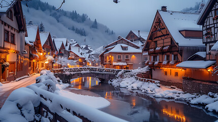 A picturesque winter wonderland with charming cottages nestled under a snowy white blanket, and a crystalline frozen river flowing through the heart of a quaint European village.