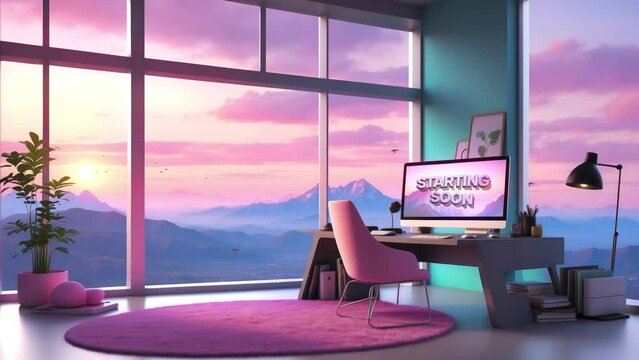 stream starting soon screen. loop animation. background, overlay. Cozy lo-fi living room, sunrise scenery. vtuber streamer asset. Anime chill hip hop manga style. Cyan purple colours.