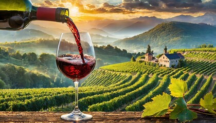 Wine glass with pouring white wine and vineyard landscape in sunny day. Winemaking concept, copy...