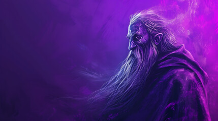 A mystifying wizard with a flowing beard, standing against a deep purple backdrop. - obrazy, fototapety, plakaty