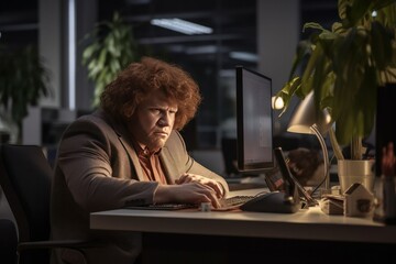 Young stressed businessman working in office.Tired man working late in evening.He is feeling sick and tired